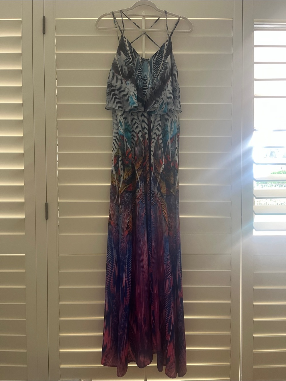 Forever Unique Multicolor Feather-Print Maxi Dress with Strappy Back